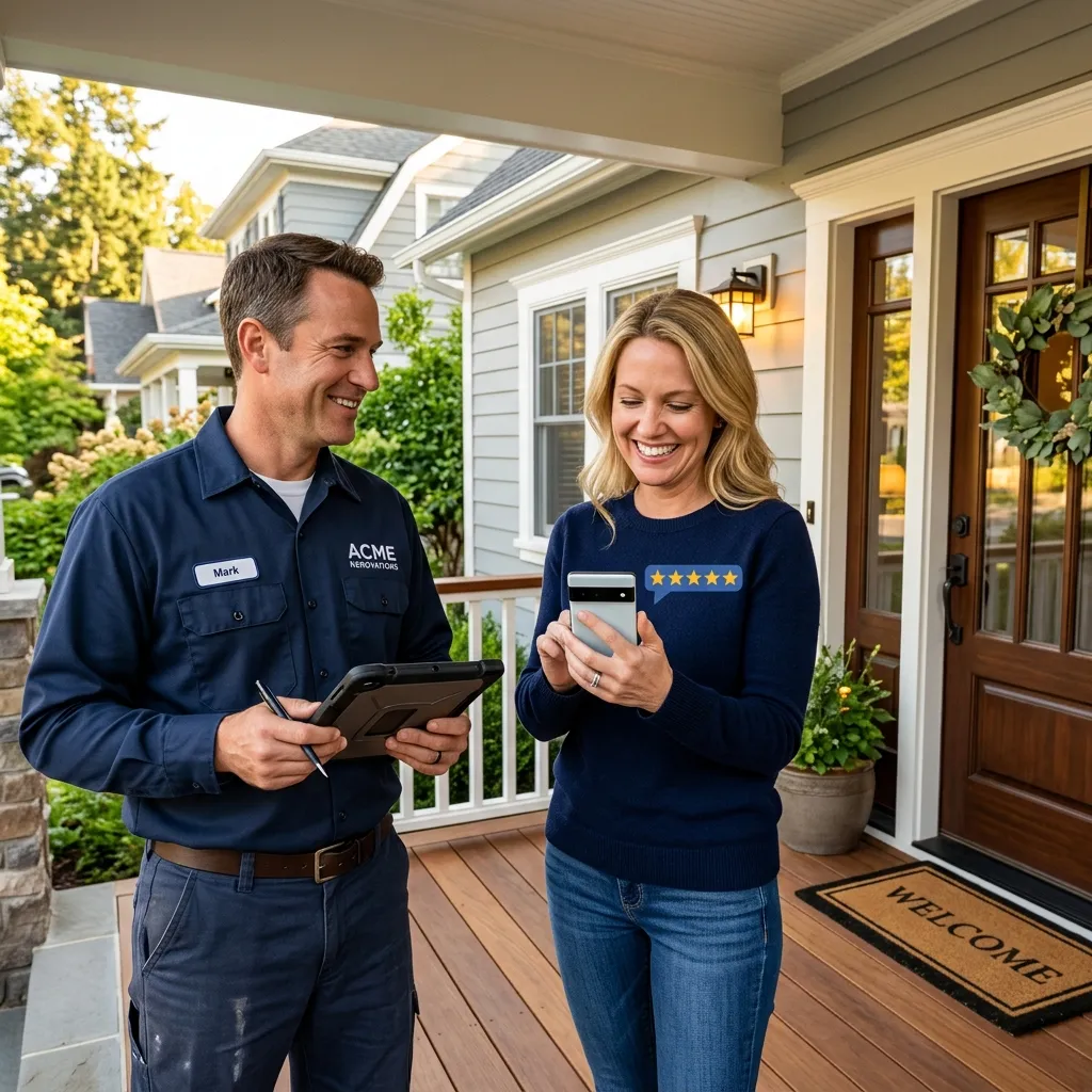 Homeowner leaving a 5-star Google Business Profile review for a local contractor