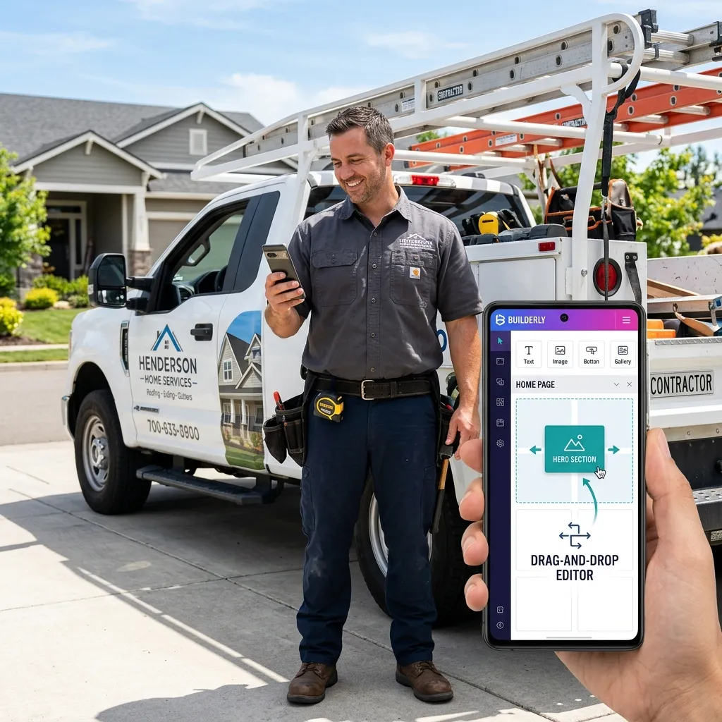 Easy visual website editor dashboard showing real-time contractor website updates from mobile phone